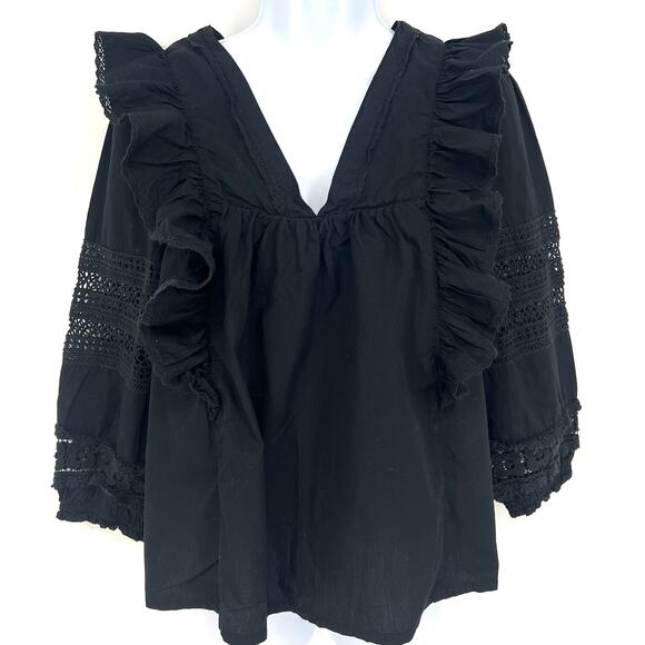 Anthropologie Black Double V Neck Ruffle Eyelet Peasant Boho Top Size XS - Picture 1 of 10